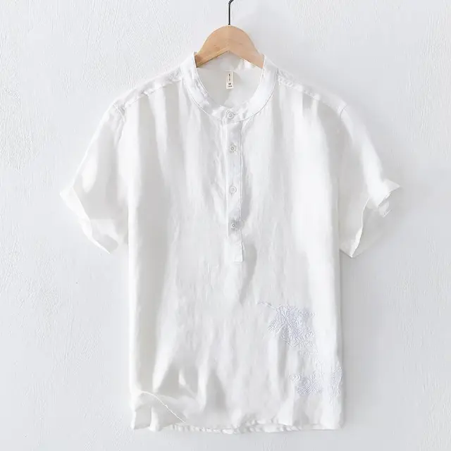 National Men's Embroidered Breathable Solid Color Short Sleeve White - Shop at LoveMi