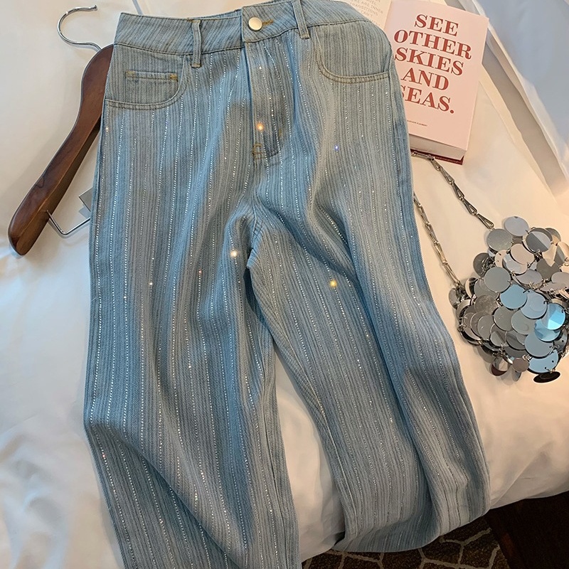 Light Blue Classic Style Rhinestone Straight Jeans