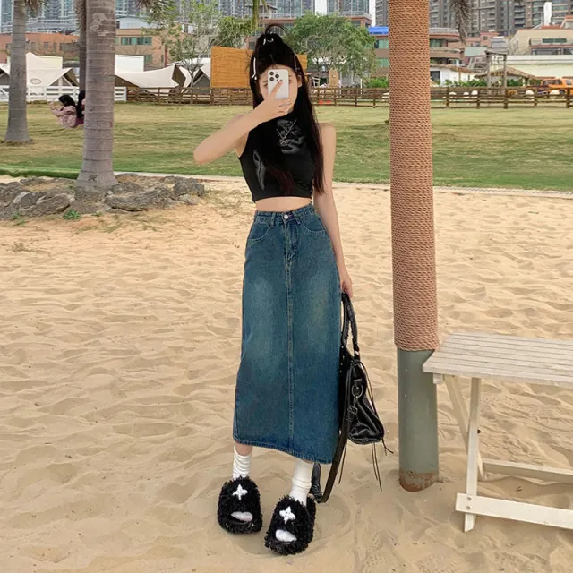 High waisted Slit Denim Skirt A line Midi Skirt Blue - Shop at LoveMi