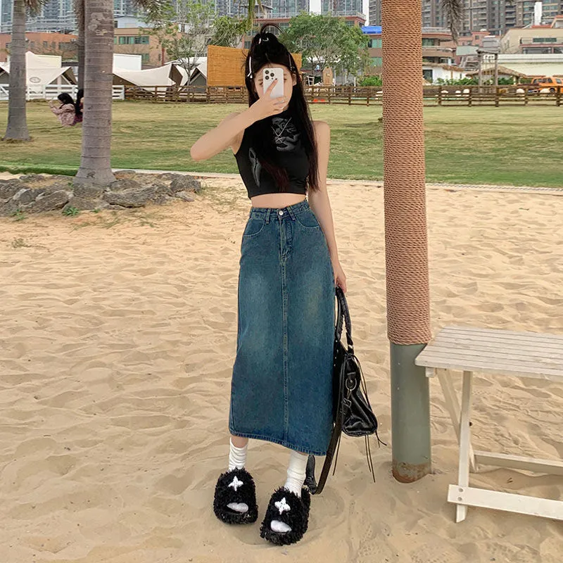 High-waisted Slit Denim Skirt A-line Midi Skirt - Blue