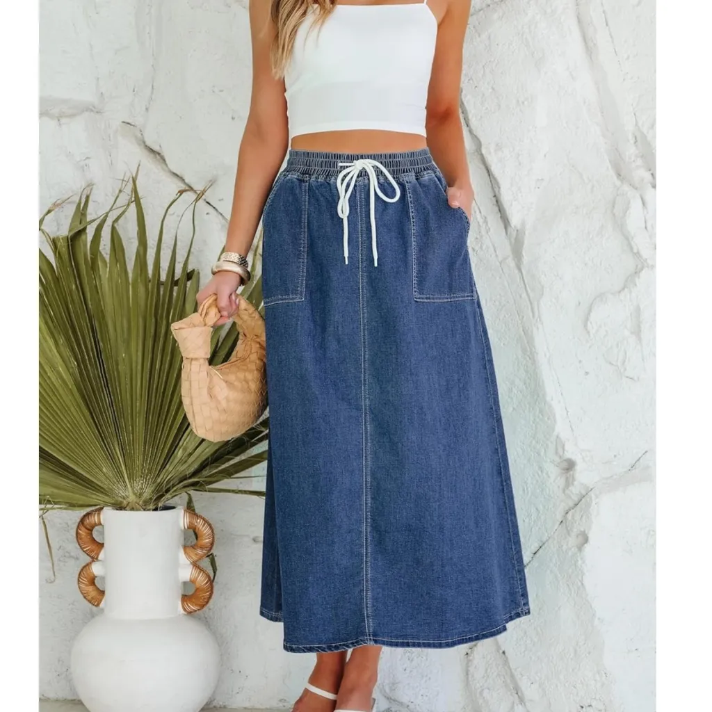 Womens Solid-Color Casual Drawstring Washed Denim Skirt - Blue