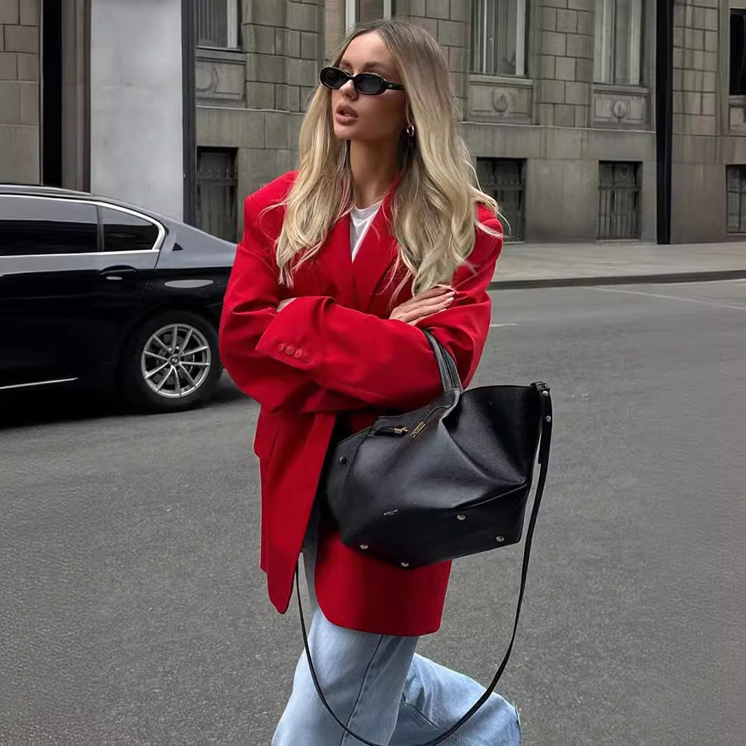 Feminine Style Shoulder Pad Loose Collar Pocket Jacket