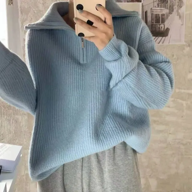 Women's Solid Color Loose Zipper Lapel Stand Up Sweater Sky Blue - Shop at LoveMi