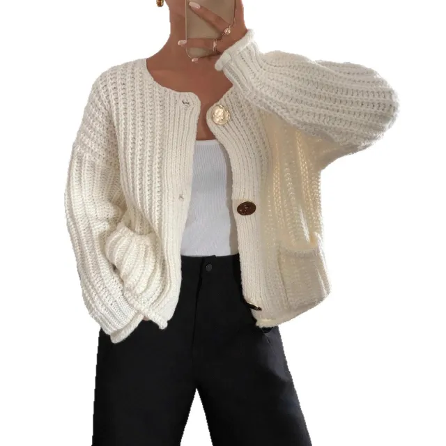 Women's Warm Knitted Sweater With Buttoned Pockets Beige - Shop at LoveMi