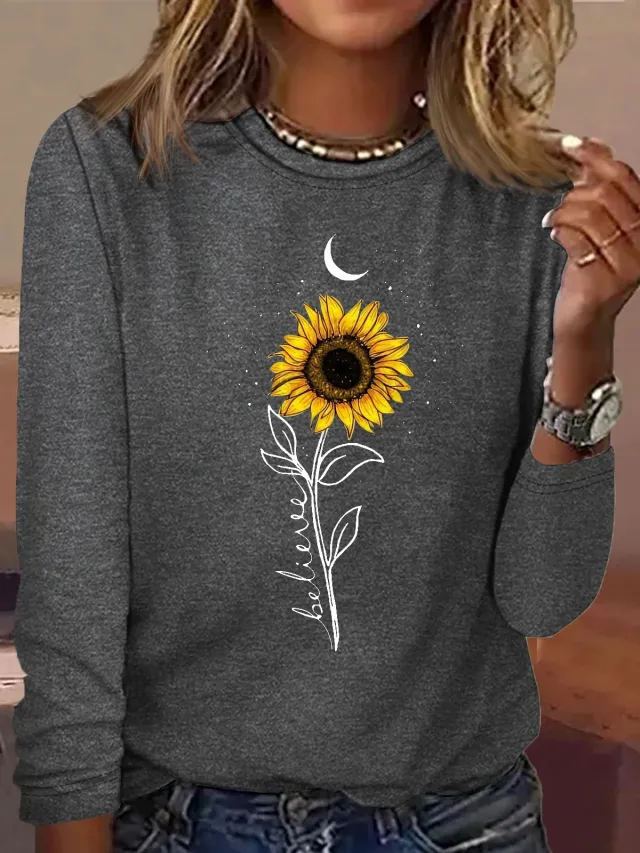 Comfort And Casual Printed Long Sleeve Round Neck T shirt Gray - Shop at LoveMi