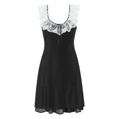 Pure Desire Ruffled Lace Patchwork Waist-slimming Dress - Black - View 1