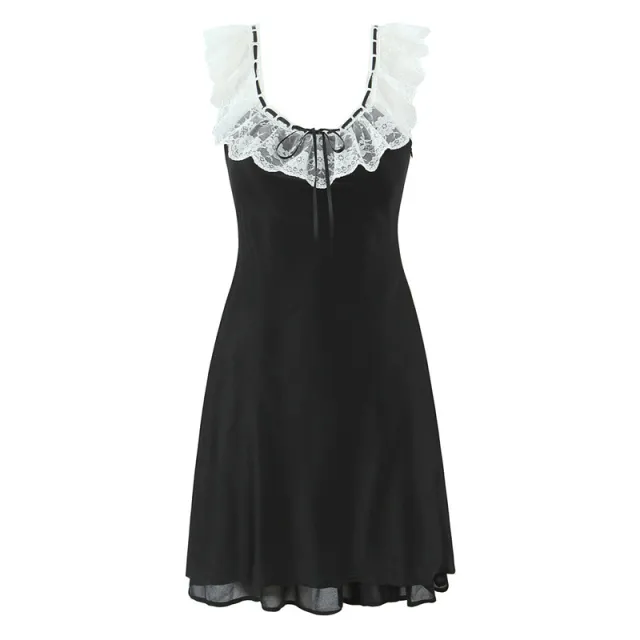 Pure Desire Ruffled Lace Patchwork Waist slimming Dress Black - Shop at LoveMi