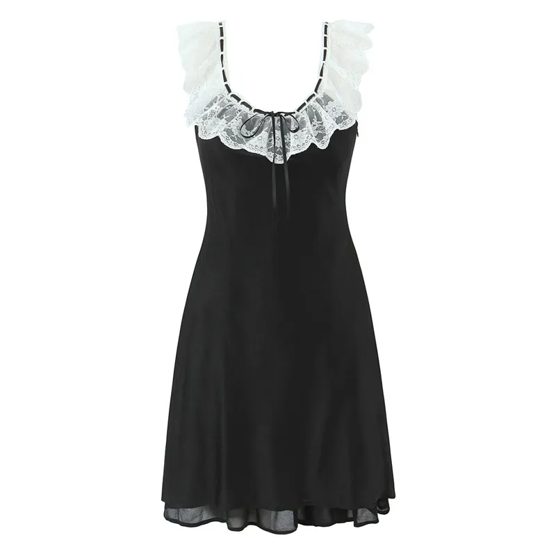 Pure Desire Ruffled Lace Patchwork Waist-slimming Dress - Black