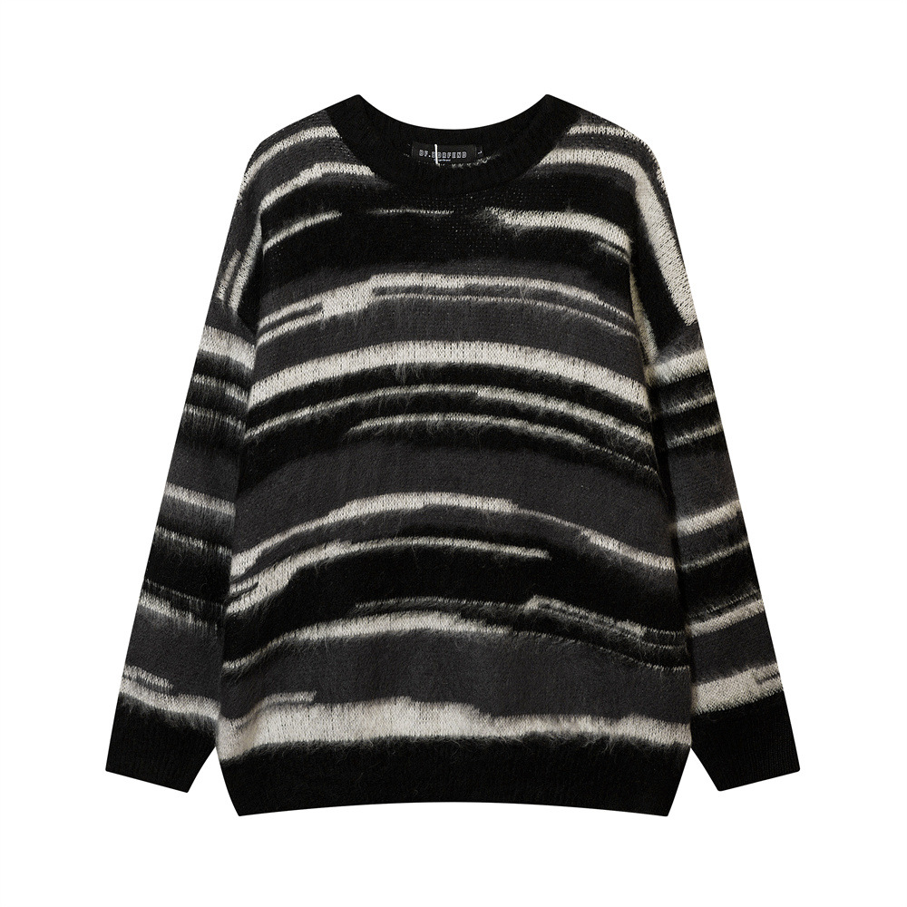 Contrast Color Striped Mohair Round Neck Sweater