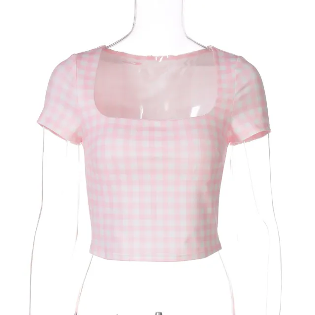 Women's Fashion Plaid Printed Slim Fit Midriff baring Short Sleeve Top Pink - Shop at LoveMi