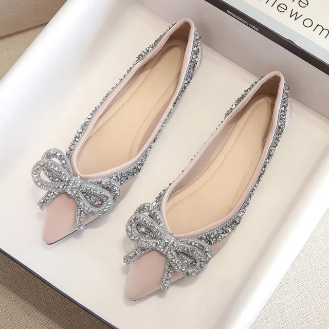 Spring And Autumn New Evening Style Flat Gentle Diamond Shoes Apricot - Shop at LoveMi