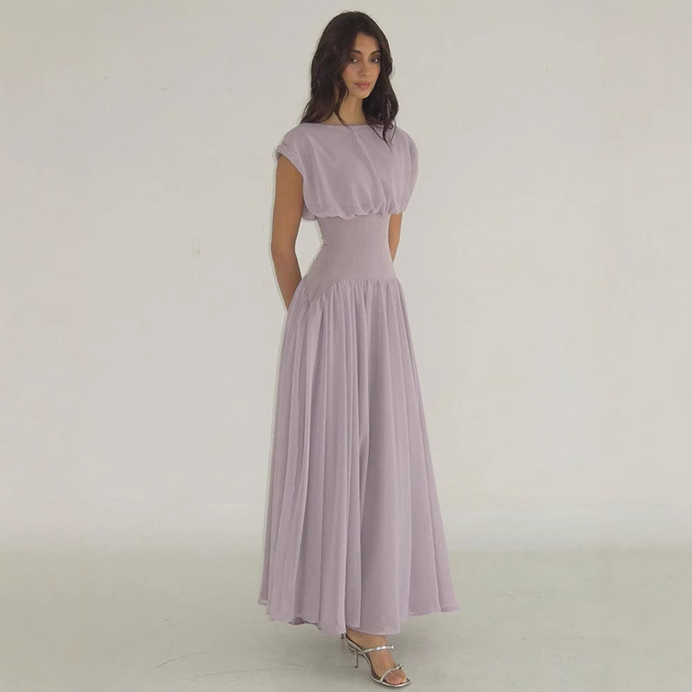 Purple Temperament Pleat And Waisted Off-neck Dress