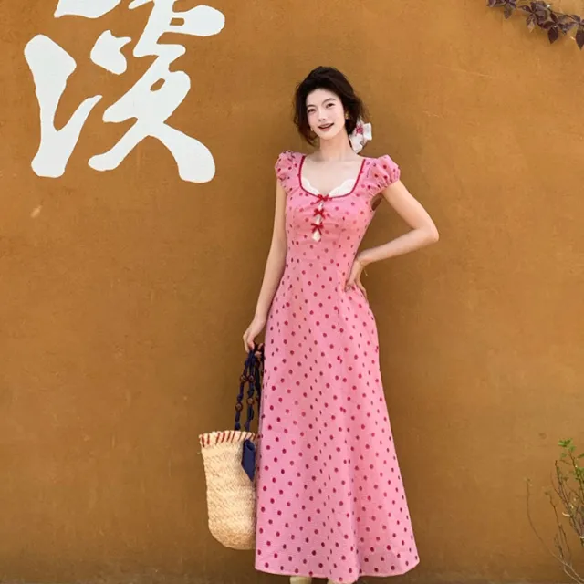 New Summer Sweet Lace Patchwork High Waist Bow Knot Resort Style Maxi Dress Pink - Shop at LoveMi
