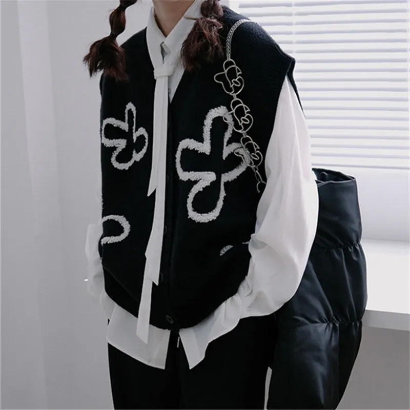 V-neck Cardigan Black Sleeveless Vest Korean Style - Black