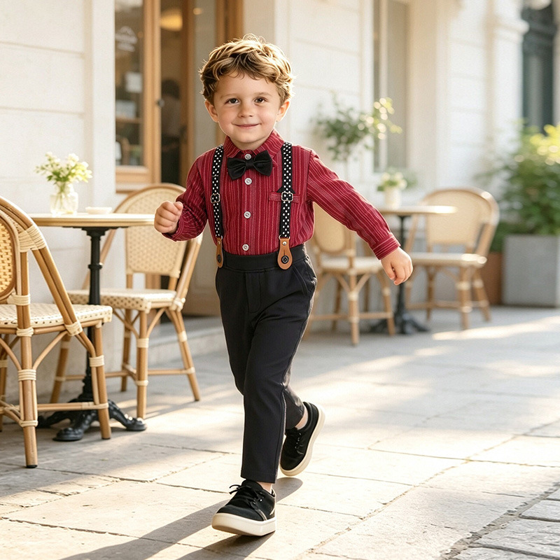 Boy's Gentleman-style Set Red Shirt Bow Tie And Suspender Pants