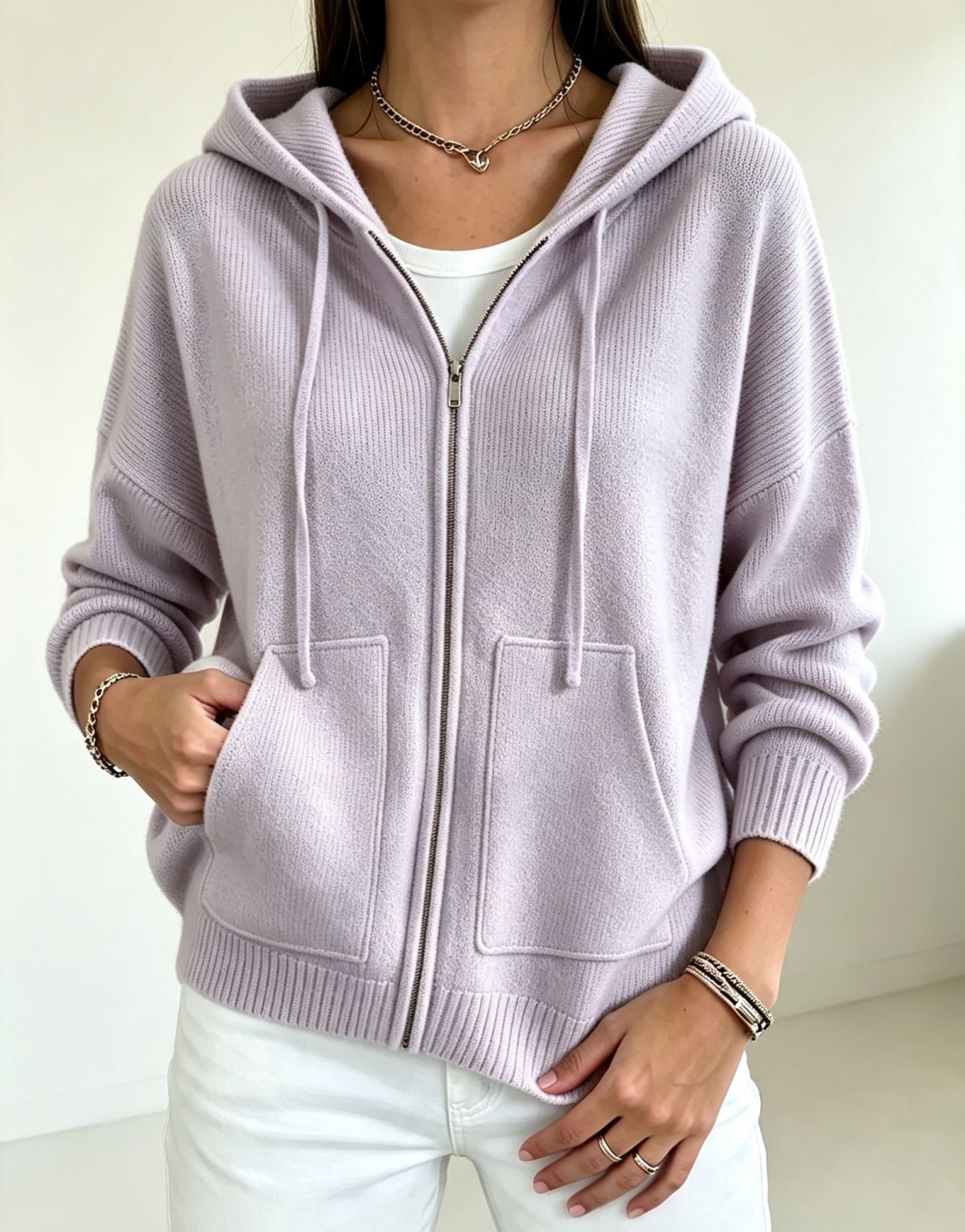 Solid-color Hooded Zip-up Loose-fit Knit Cardigan For Women 8
