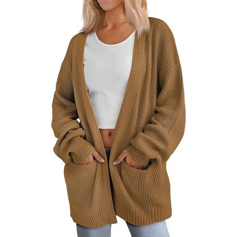 Solid Color Loose Knitted Pocket Sweater Coat - Khaki