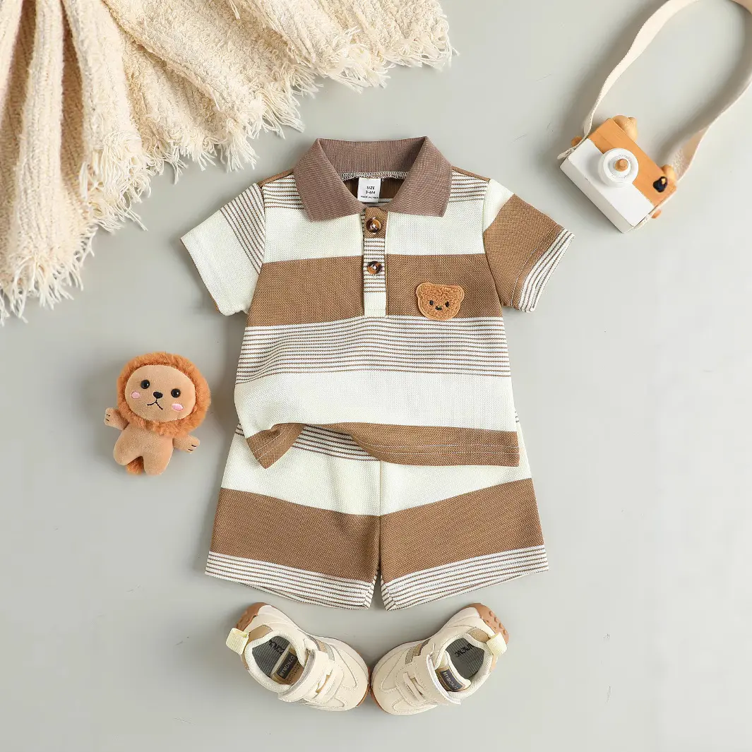 Bear-print Short-sleeve T-shirt And Striped Shorts Two-piece