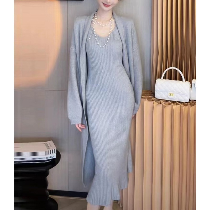 Loose Mid length Knitted Cardigan Suspender Dress Sweater Gray Grey - Shop at LoveMi