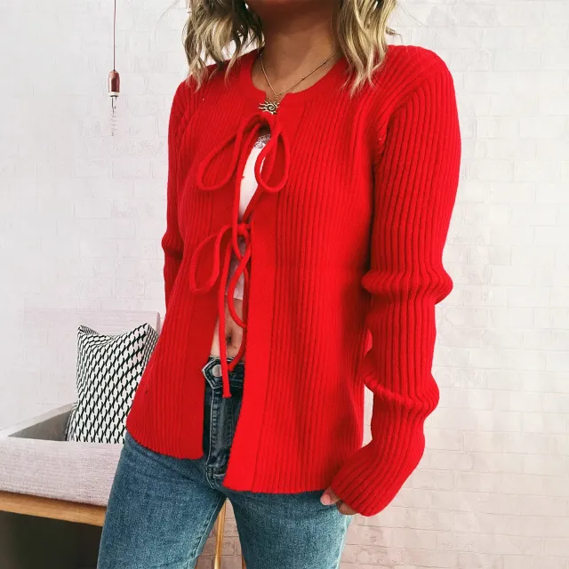 Commute Slim fit Sunken Stripe Vertical Striped Bow Sweater Red - Shop at LoveMi