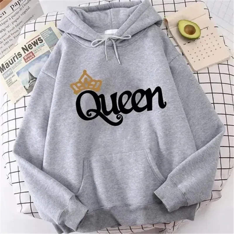QUEEN Print Hoodies Fleece Hooded Sweatshir - Greyhei