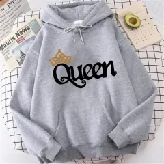 QUEEN Print Hoodies Fleece Hooded Sweatshir - Greyhei - View 1