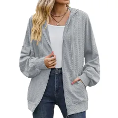 Women's Fashion Solid Color And V-neck Zipper Loose Sweater Coat - Gray - View 1