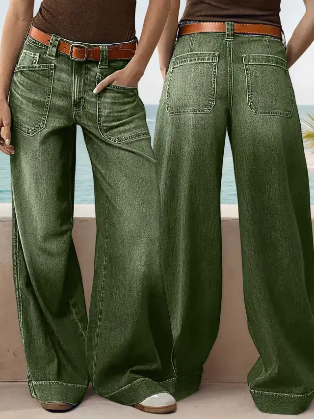 Loose Slimming Ladies Wide leg Straight Pants Denim Ankle length Pants Army Green - Shop at LoveMi