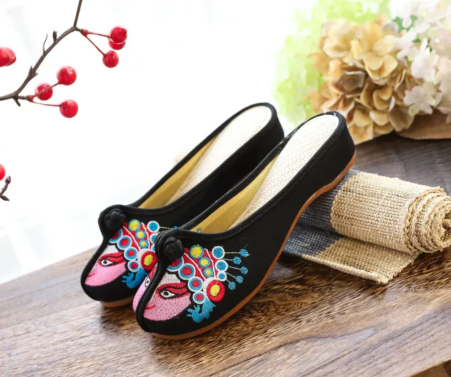 Women's Chinese style Low Heel Buckle Vintage Embroidery Fabric Slippers Black - Shop at LoveMi