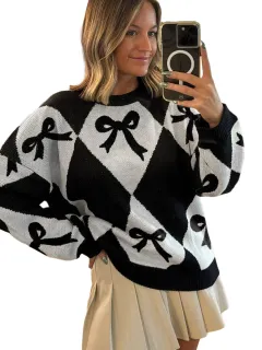 Womens Trendy Pullover Sweater With A Bow-knot Print And Long Knitted Sleeves - Black - View 1