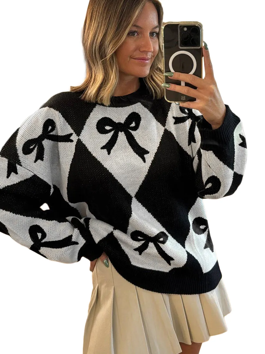 Womens Trendy Pullover Sweater With A Bow-knot Print And Long Knitted Sleeves - Black