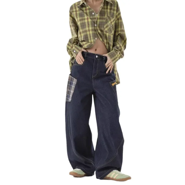 American style Plaid Patchwork Straight Jeans Blue - Shop at LoveMi