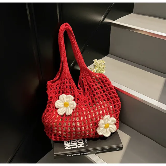Knitted Handbag Woven Mesh Hollow Out Flower Large Capacity Versatile Shoulder Bag Red - Shop at LoveMi
