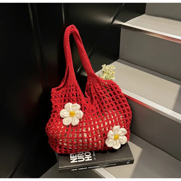 Knitted Handbag Woven Mesh Hollow Out Flower Large Capacity Versatile Shoulder Bag - Red