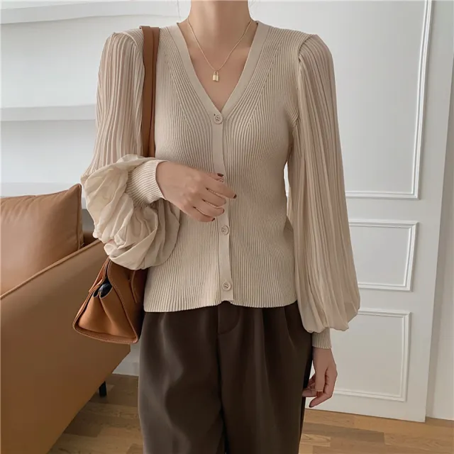 Retro V neck Breasted Chiffon Patchwork Puff Sleeve Apricot - Shop at LoveMi