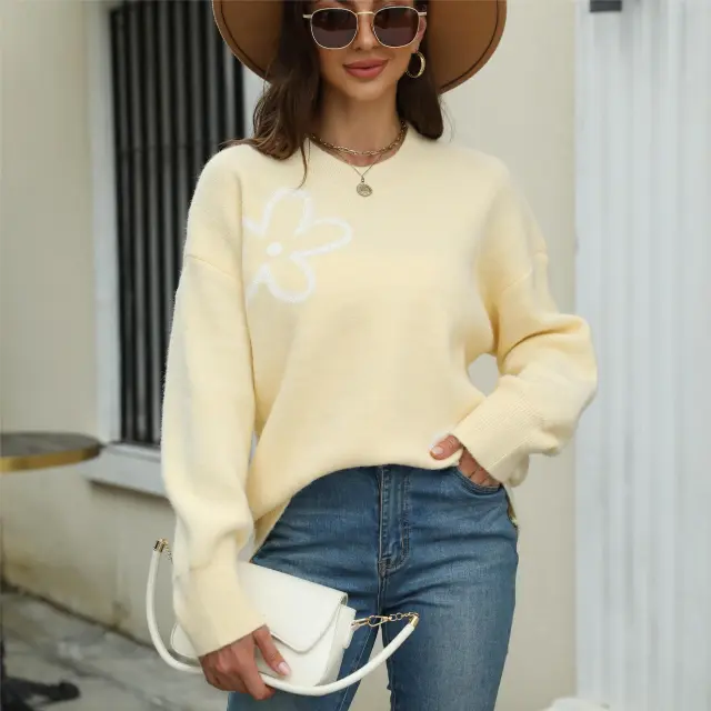 Sweaters Women's Clothing Printed Pullover Flower Shirt Yellow - Shop at LoveMi