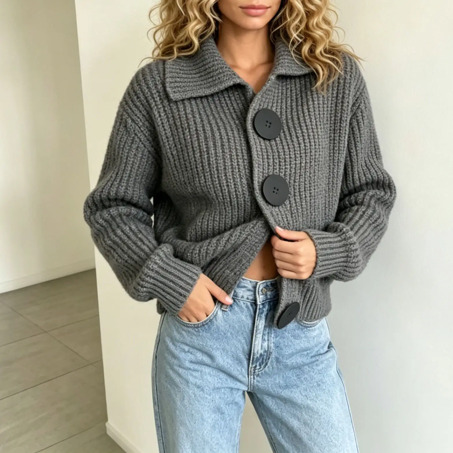 Womens Lapel Single-breasted Sweater Coat