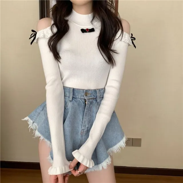 Women's Lace Stitching Hollow out Short Long sleeved Sweater White - Shop at LoveMi