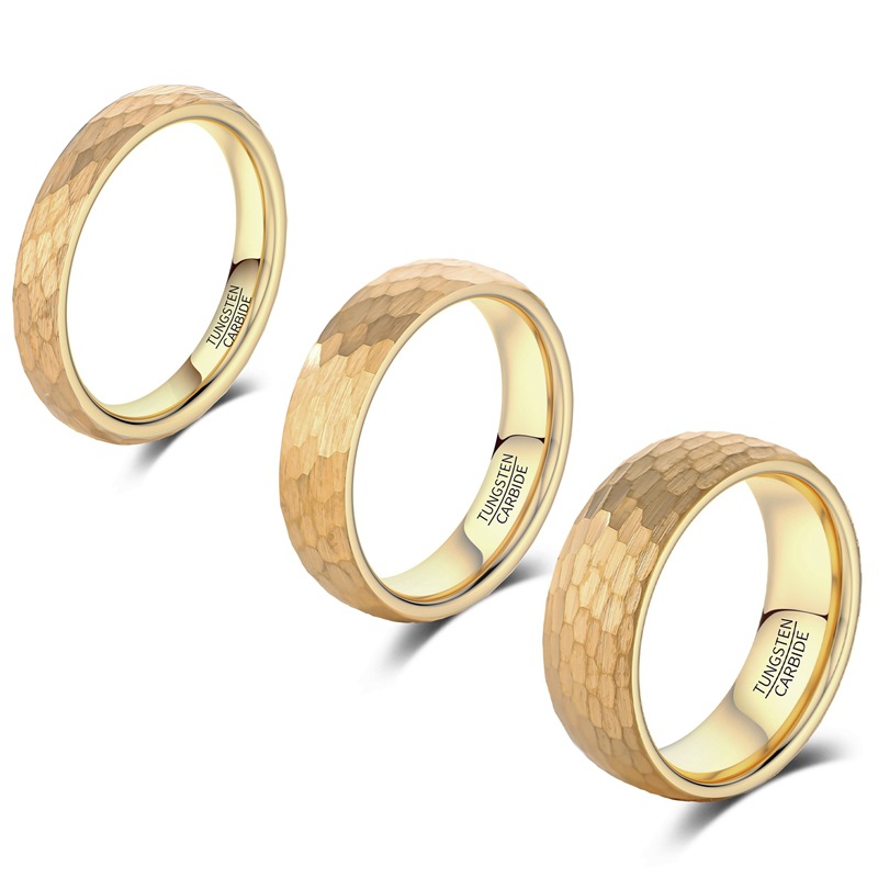 Wide Mens And Womens Gold-Plated Hammered Tungsten Carbide Ring