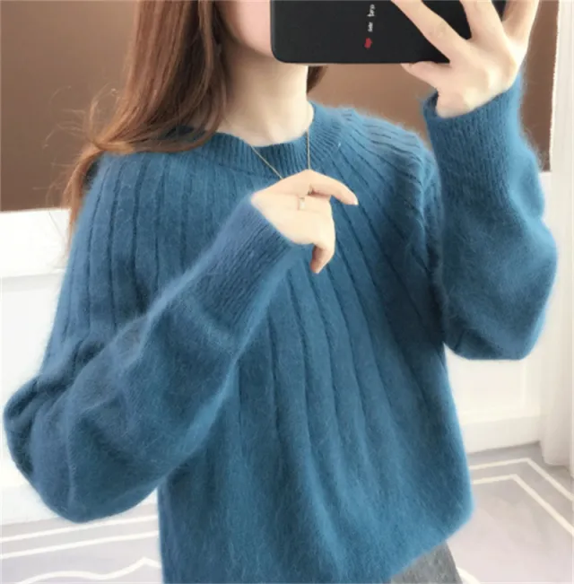 Women's Sweater Solid Color Short Pullover Round Neck Blue - Shop at LoveMi