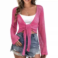 Beach Cover-up Hollow Out Long Sleeve Lace-up Sweater Top For Women - Red - View 1