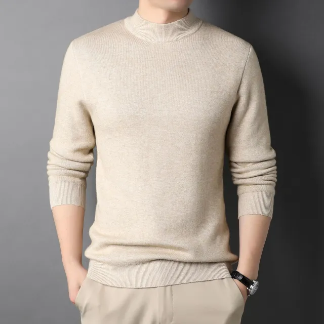 Pure Color Half Collar Men's Slim Fit Sweater Base Sweater Beige - Shop at LoveMi