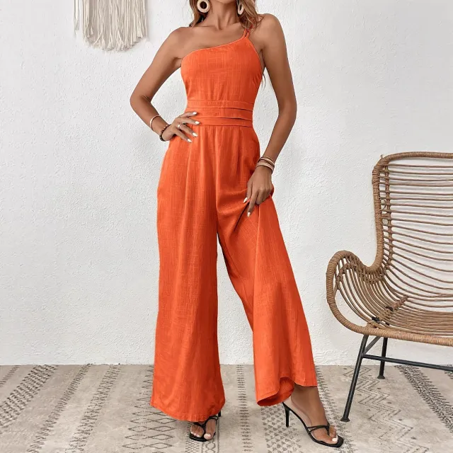 Women's Solid Color Wide leg Thin One shoulder Jumpsuit Orange - Shop at LoveMi