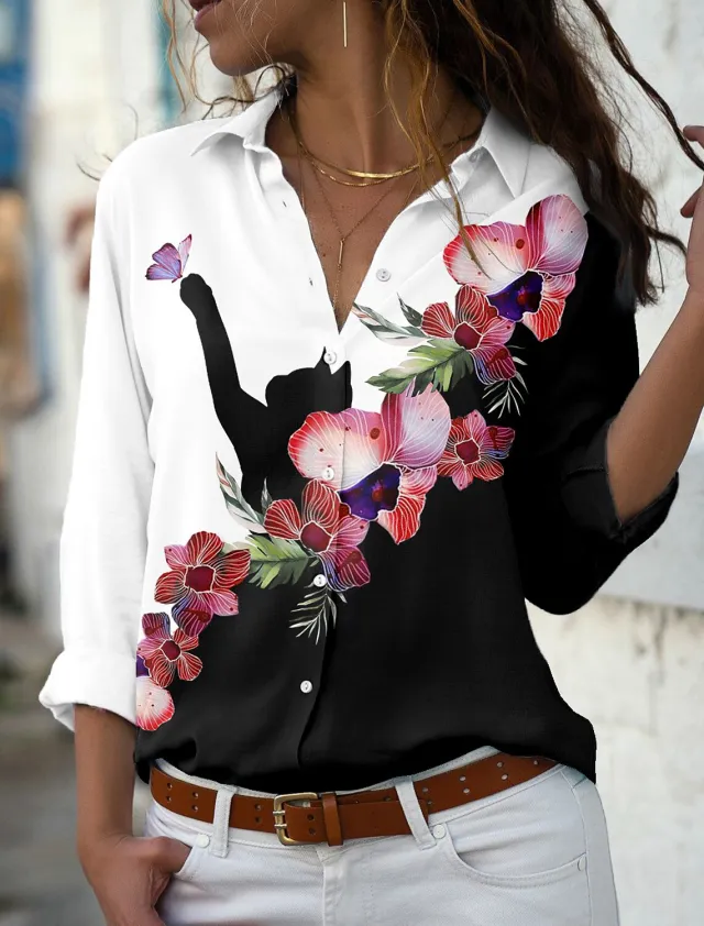 New Solid Color Flower Branch Classical Elegant Printing 3D Digital Loose Cardigan Women's Long sleeved Blouse B25Sltha240216Q 3Xl - Shop at LoveMi