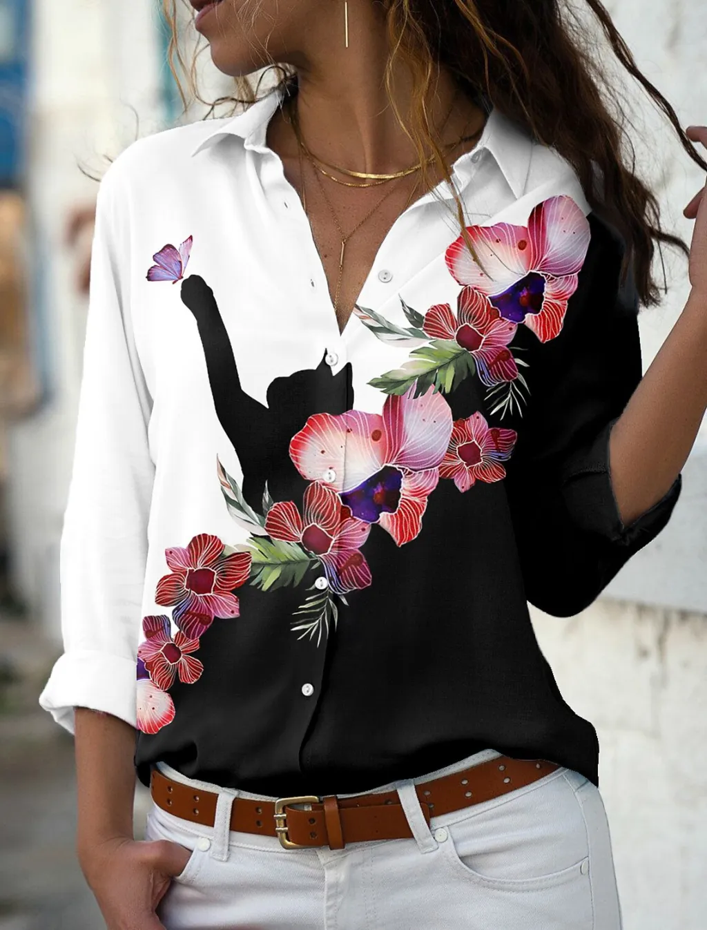 New Solid Color Flower Branch Classical Elegant Printing 3D Digital Loose Cardigan Women's Long-sleeved Blouse - B25Sltha240216Q-4Xl
