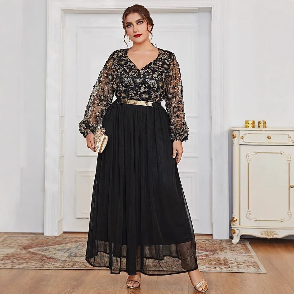Muslim European And American Plus Size Dress V-neck Black Panel