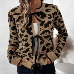 Women's Sweater Round Neck Tied Cardigan - Brown - View 1