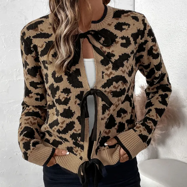 Women's Sweater Round Neck Tied Cardigan Coffee - Shop at LoveMi