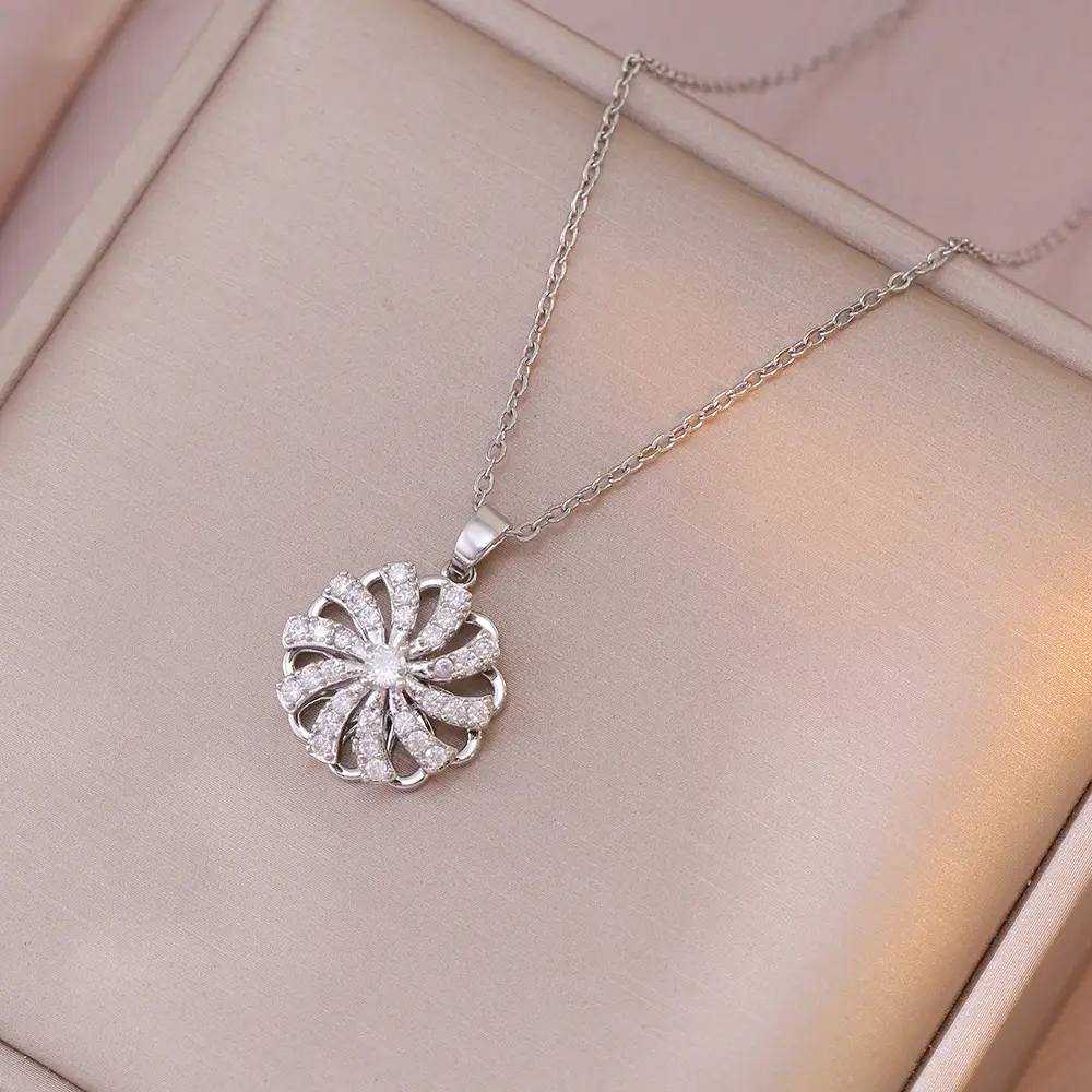 Female Zircon Flower Fashion Titanium Steel Necklace Ring