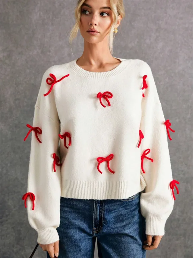 Red Bow Decoration Loose Crew Neck Pullover Sweater Women Apricot - Shop at LoveMi